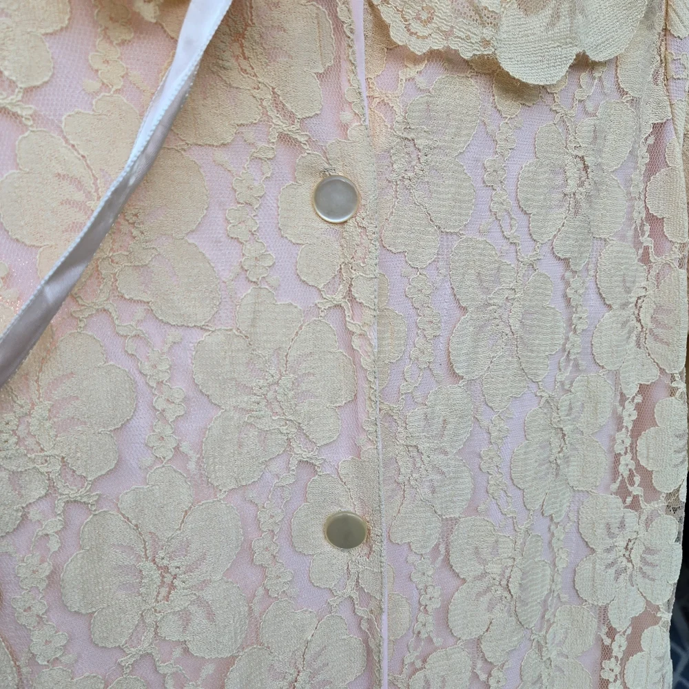 Vintage 50s-60s Lace Overlay Dressing Gown Robe M Housecoat Pink Peach - Picture 6 of 9